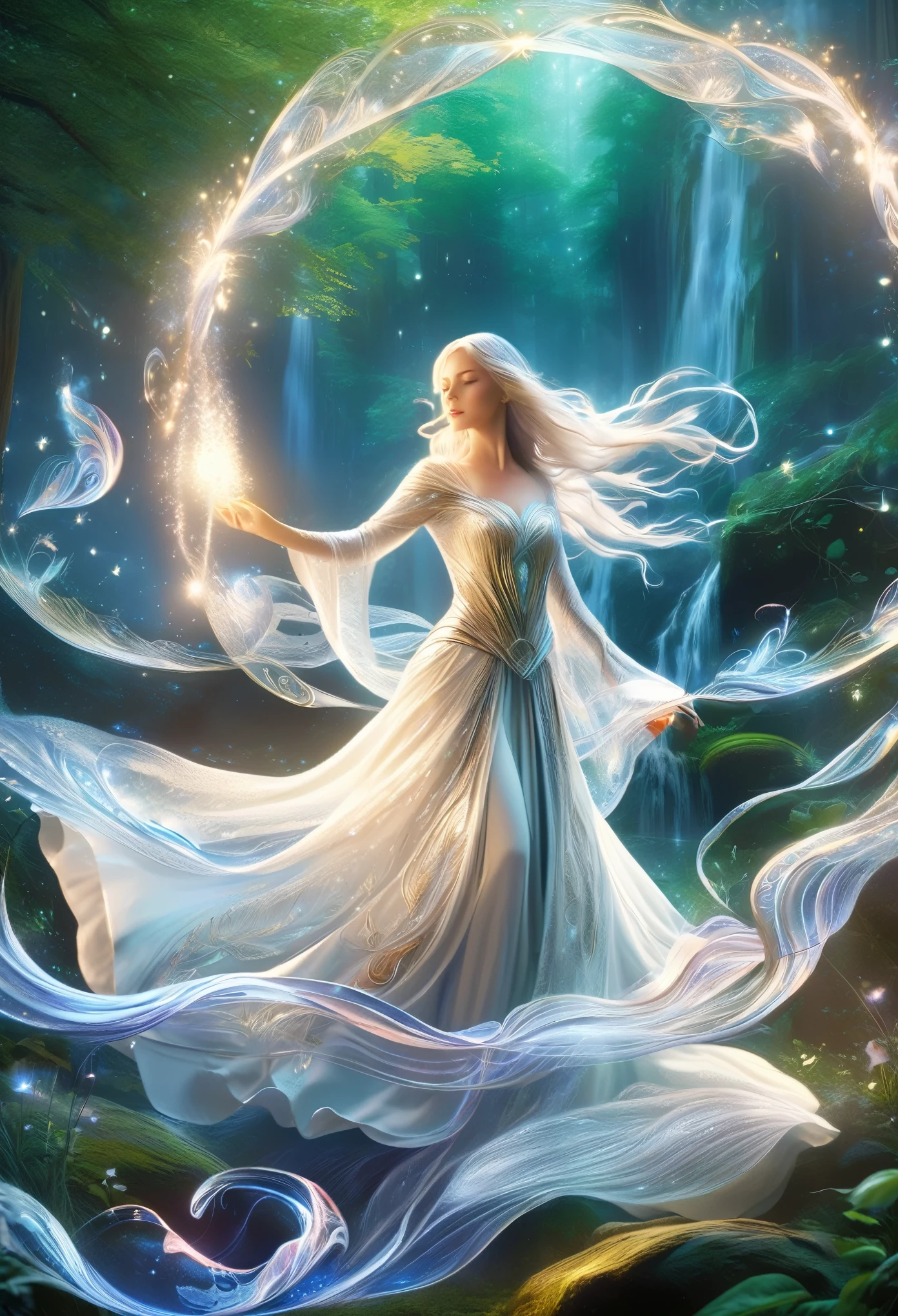 (最高品質,4K,8k,高解像度,傑作:1.2), 超詳細, (現実的,photo現実的,photo-現実的:1.37), 魔法の森の中心で, 天蓋を通して差し込む月光の柔らかな輝きに包まれて, 幽玄な美しさの人物像が立っている. 彼女はエルフの魔女です, 彼女の長い銀色の髪は、絹に織り込まれた月光の糸のように、彼女の細い体の周りできらめく波を描いて流れ落ちている。. 彼女の目, 魅惑的な虹色の色合いのブレンド, 異世界の光で輝く, 周囲の森の無数の色彩を映し出す. それらは木々と同じくらい古い魂への窓である, 彼女は幼少時代をはるかに超えた知恵と神秘に満ちていた. 銀糸の複雑な模様で飾られた流れるような白いローブを身にまとい, 彼女は優雅で気取らない動きをする. 一つ一つの動きがダンス, 滑らかな石の上を流れる水のように空気中に波紋を呼ぶ流動的な動き. 彼女が繊細な手を空に上げると, 彼女の周りの空気は魔法のエネルギーでパチパチと音を立てている, 森の本質が彼女の呼びかけに応えている. 彼女の唇からは液体の銀のように力強い言葉が溢れ出る, 夜の静寂に心に残るメロディーを響かせる古代の呪文. それぞれの言葉で, 魔法のエネルギーの触手が彼女の周りを渦巻き始める, 光と影がきらめく渦を織りなす. 渦巻く大渦の中で形が形成され始める, 純粋な魔法から生まれた幻の生き物たちが彼女の声のリズムに合わせて踊る. そして彼女が呪文のクライマックスに達すると, 彼女の声は最高潮に達する, 森を力と驚きのシンフォニーで満たす. 最後に手を振り, 彼女は呪文を解き放つ, 魔法のエネルギーが集まって光の爆発を起こし、千の星のように暗闇を照らします。.(art by Amano Yoshitaka:1.3)