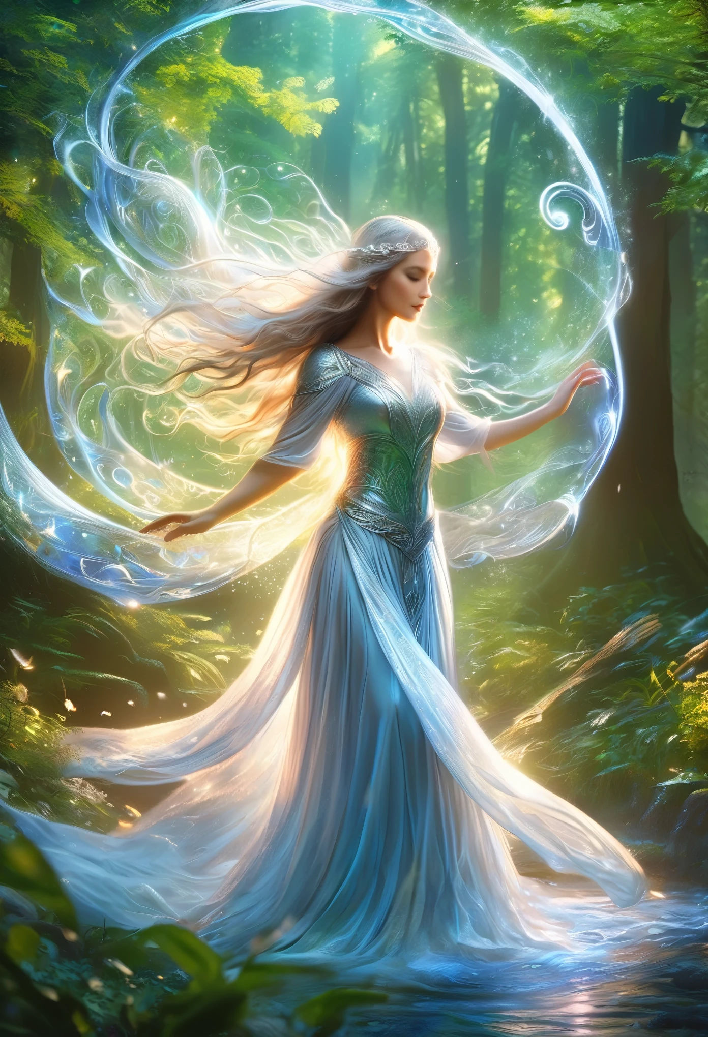 (best quality,4k,8k,highres,masterpiece:1.2), ultra-detailed, (realistic,photorealistic,photo-realistic:1.37), In the heart of an enchanted forest, bathed in the soft glow of moonlight filtering through the canopy above, stands a figure of ethereal beauty. She is an elven enchantress, her long silver hair cascading in shimmering waves around her slender form like strands of moonlight woven into silk. Her eyes, a mesmerizing blend of iridescent hues, shimmer with an otherworldly light, reflecting the myriad colors of the forest around her. They are windows to a soul as ancient as the trees themselves, filled with wisdom and mystery far beyond her tender years. Clad in robes of flowing white adorned with intricate patterns of silver thread, she moves with a grace that is both elegant and effortless. Each movement is a dance, a fluid motion that seems to ripple through the air like water flowing over smooth stones. As she raises her delicate hands to the sky, the air around her crackles with magical energy, the very essence of the forest responding to her call. Words of power spill from her lips like liquid silver, ancient incantations that echo through the stillness of the night with a haunting melody. With each word, tendrils of magical energy begin to swirl around her, weaving together in a shimmering vortex of light and shadow. Shapes begin to form within the swirling maelstrom, phantom creatures born of pure magic dancing to the rhythm of her voice. And as she reaches the climax of her incantation, her voice rises to a crescendo, filling the forest with a symphony of power and wonder. With a final flourish of her hands, she releases the spell, the magical energies coalescing into a radiant burst of light that illuminates the darkness like a thousand stars.(art by Amano Yoshitaka:1.3)