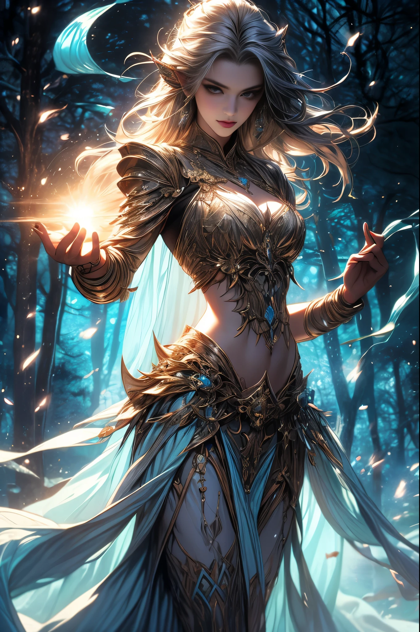 (best quality,4k,8k,highres,masterpiece:1.2), ultra-detailed, (realistic,photorealistic,photo-realistic:1.37), In the heart of an enchanted forest, bathed in the soft glow of moonlight filtering through the canopy above, stands a figure of ethereal beauty. She is an elven enchantress, her long silver hair cascading in shimmering waves around her slender form like strands of moonlight woven into silk. (Her eyes, a mesmerizing blend of iridescent hues, shimmer with an otherworldly light, reflecting the myriad colors of the forest around her:1.5). They are windows to a soul as ancient as the trees themselves, filled with wisdom and mystery far beyond her tender years. Clad in robes of flowing white adorned with intricate patterns of silver thread, she moves with a grace that is both elegant and effortless. Each movement is a dance, a fluid motion that seems to ripple through the air like water flowing over smooth stones. As she raises her delicate hands to the sky, the air around her crackles with magical energy, the very essence of the forest responding to her call. Words of power spill from her lips like liquid silver, ancient incantations that echo through the stillness of the night with a haunting melody. With each word, tendrils of magical energy begin to swirl around her, weaving together in a shimmering vortex of light and shadow. Shapes begin to form within the swirling maelstrom, phantom creatures born of pure magic dancing to the rhythm of her voice. And as she reaches the climax of her incantation, her voice rises to a crescendo, filling the forest with a symphony of power and wonder. With a final flourish of her hands, she releases the spell, the magical energies coalescing into a radiant burst of light that illuminates the darkness like a thousand stars.(art by Amano Yoshitaka:1.3)