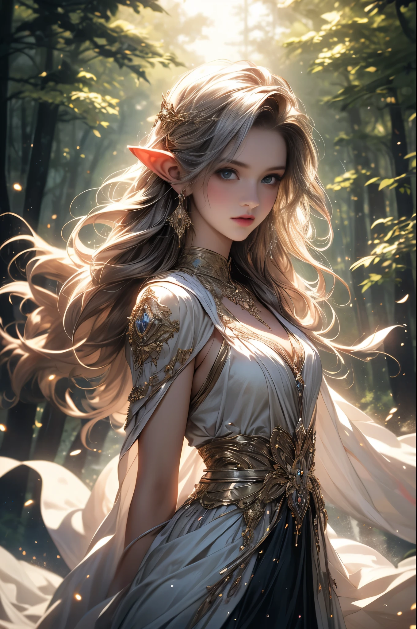 (best quality,4k,8k,highres,masterpiece:1.2), ultra-detailed, (realistic,photorealistic,photo-realistic:1.37), In the heart of an enchanted forest, bathed in the soft glow of moonlight filtering through the canopy above, stands a figure of ethereal beauty. She is an elven enchantress, her long silver hair cascading in shimmering waves around her slender form like strands of moonlight woven into silk. (Her eyes, a mesmerizing blend of iridescent hues, shimmer with an otherworldly light, reflecting the myriad colors of the forest around her:1.5). They are windows to a soul as ancient as the trees themselves, filled with wisdom and mystery far beyond her tender years. Clad in robes of flowing white adorned with intricate patterns of silver thread, she moves with a grace that is both elegant and effortless. Each movement is a dance, a fluid motion that seems to ripple through the air like water flowing over smooth stones. As she raises her delicate hands to the sky, the air around her crackles with magical energy, the very essence of the forest responding to her call. Words of power spill from her lips like liquid silver, ancient incantations that echo through the stillness of the night with a haunting melody. With each word, tendrils of magical energy begin to swirl around her, weaving together in a shimmering vortex of light and shadow. Shapes begin to form within the swirling maelstrom, phantom creatures born of pure magic dancing to the rhythm of her voice. And as she reaches the climax of her incantation, her voice rises to a crescendo, filling the forest with a symphony of power and wonder. With a final flourish of her hands, she releases the spell, the magical energies coalescing into a radiant burst of light that illuminates the darkness like a thousand stars.(art by Amano Yoshitaka:1.3)