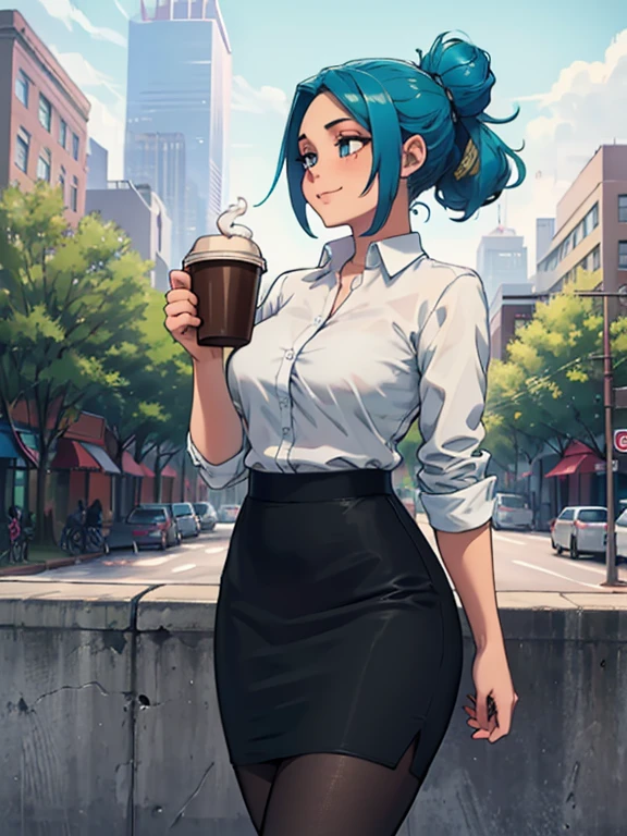 high_aesthetic, art_by_Kipteitei, 1girl, aqua blue hair, hair up, blue eyes, black pencil skirt, dress shirt, black tights, happy expression, tight clothes, (((skinny))), ((holding coffee)), walking with confidence, city background with lots of trees and buildings, (cowboy shot), (best quality, masterpiece)
