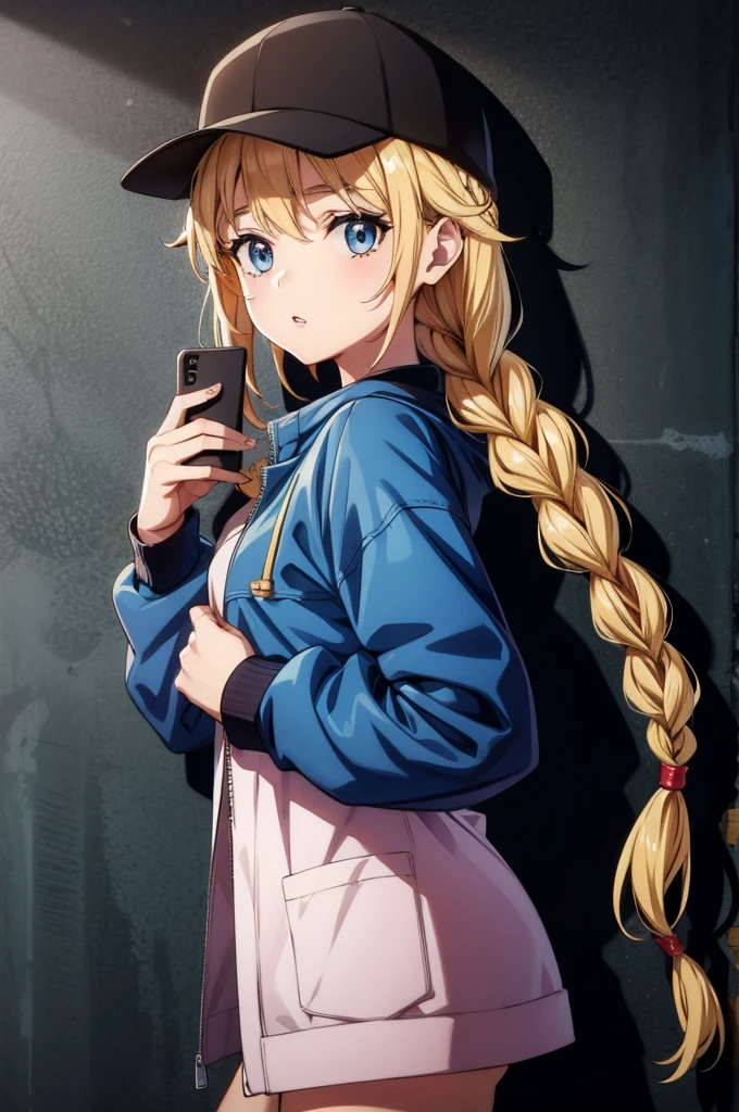 a cartoon anime girl with blond hair wearing baseball cap with blue streaks, 1girl, solo, hat, twin braids, blue eyes, blonde hair, braid, jacket, phone, baseball cap, holding, black headwear, looking at viewer, holding phone, cellphone, parted lips, long sleeves, long hair, open jacket, shirt, against wall, wall, bangs