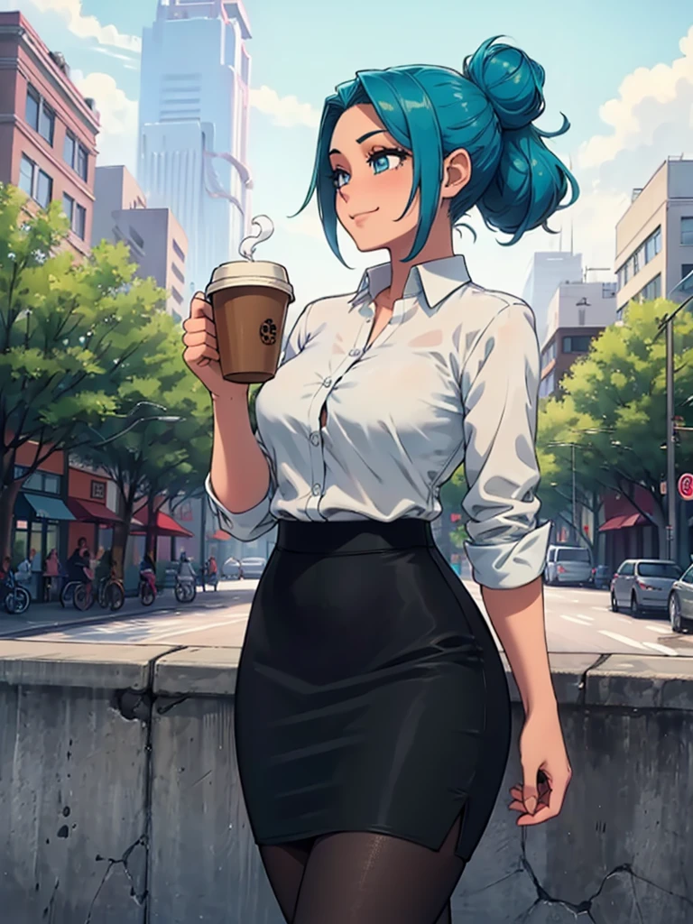 high_aesthetic, art_by_Kipteitei, 1girl, aqua blue hair, hair up, blue eyes, black pencil skirt, dress shirt, black tights, happy expression, tight clothes, (((skinny))), ((holding coffee)), walking with confidence, city background with lots of trees and buildings, (cowboy shot), (best quality, masterpiece)
