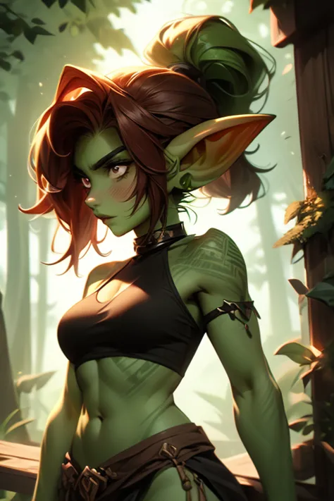 4k, goblin tomboy, wearing medium loin cloth and loose black halter, armor, light green skin, pointy ears, brown eyes, ponytail ...