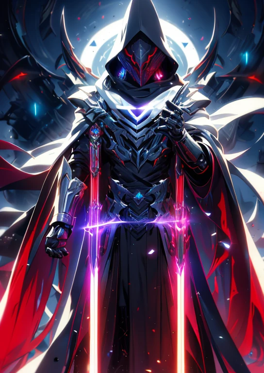 realistic,shiny,reflective,bioluminic, galactic cybernetic mask,mecha,(assassin:1.2),((((scarf,long cloak)))),sh4g0d,GlowingRunes_red,fullbody,cinemnatic,dark background,backlight,high contrast,