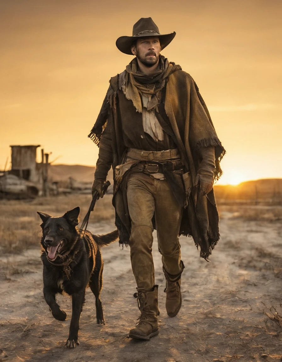 Post-apokalyptische Szene zeigt einen hageren Mann in einem zerfetzten Poncho und Cowboyhut, in die Ferne schreitend über ein verlassenes Ödland, eine Winchester ruht lässig auf seinen Schultern, begleitet von einem treuen Schäferhund, der Horizont ist durch die Überreste der Zivilisation unterbrochen, alles getaucht in die bernsteinfarbenen Farbtöne einer untergehenden Sonne, die längliche Schatten wirft, Farbpalette erinnert an "ausfallen"