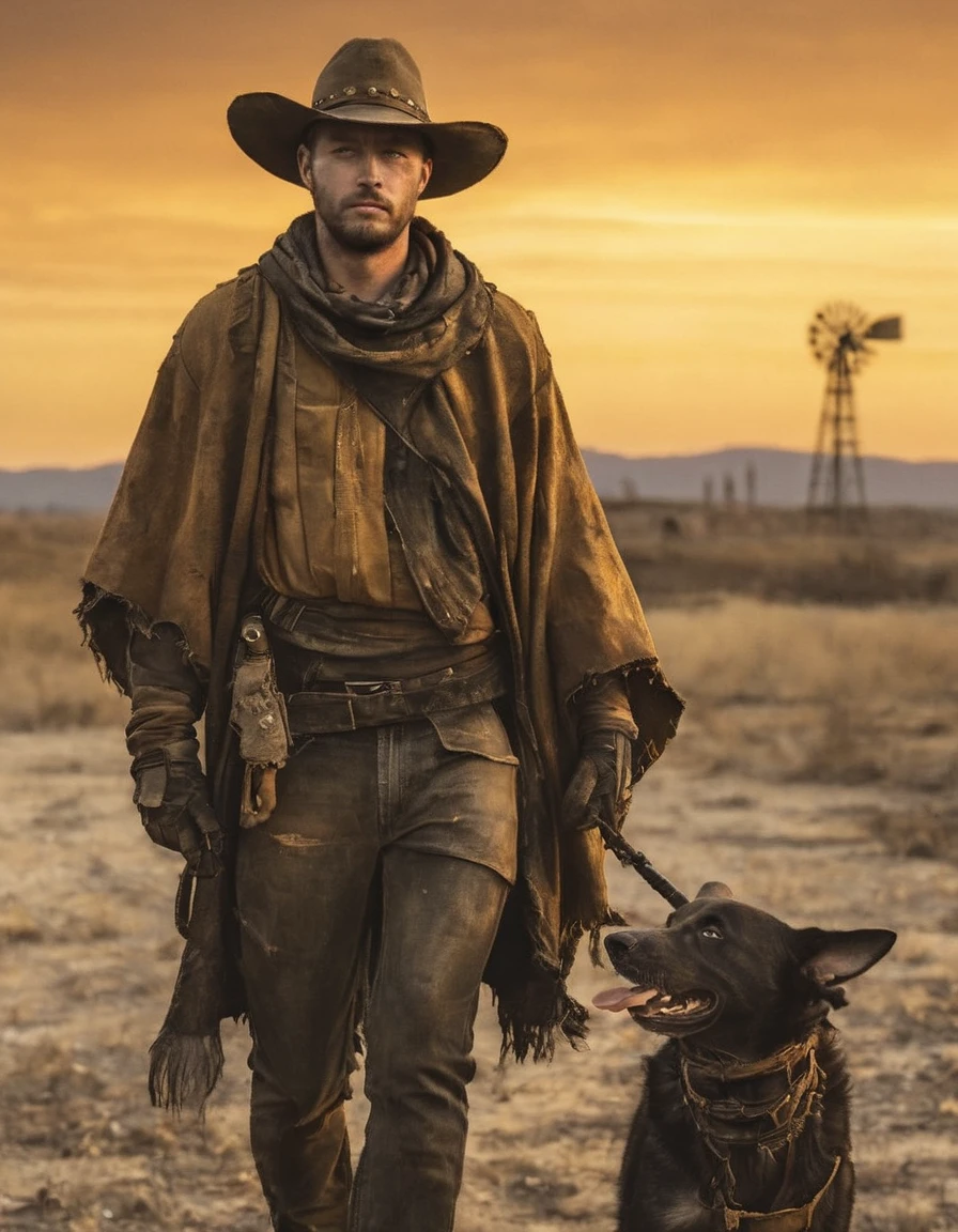 Una escena post-apocalíptica captura a un hombre demacrado vestido con un poncho andrajoso y un sombrero de vaquero., caminando en la distancia a través de un páramo abandonado, un Winchester descansando casualmente sobre sus hombros, Acompañado de un fiel perro pastor., el horizonte marcado por los restos de la civilización, todo bañado en los tonos ámbar de un sol poniente que proyecta sombras alargadas, paleta de colores que recuerda a "caer"