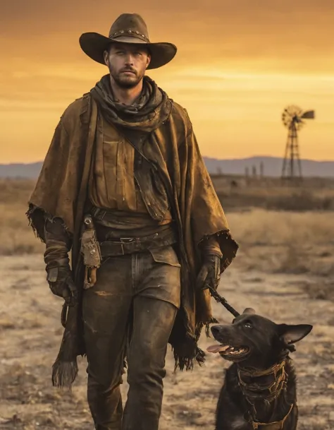 Post-apocalyptic scene captures a gaunt man garbed in a tattered poncho and cowboy hat, striding into the distance across an aba...