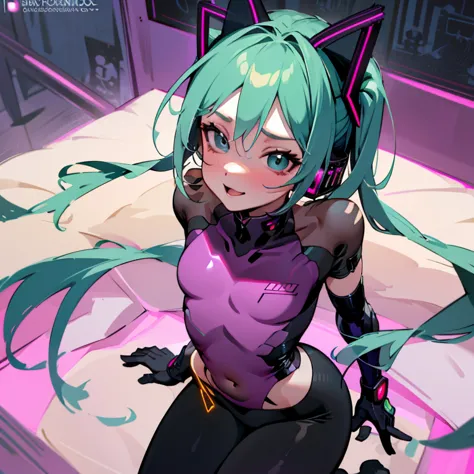 hatsune miku, from the front, wearing a complex, cyberpunk-style, black, shiny and tight-fitting costume that reveals the silhou...