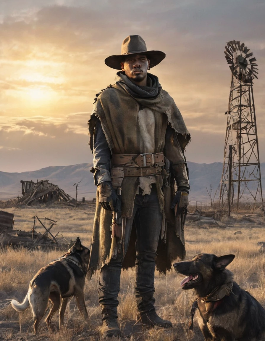 Une goule mutante vêtue d&#39;un poncho en lambeaux, chapeau de cow-boy posé sur un paysage post-apocalyptique désolé, Fusil Winchester drapé sur l&#39;épaule, chien de berger fidèle flanquant, ombres allongées projetées par le soleil couchant, des ruines délabrées bordant l&#39;horizon reflétant "Tomber" Esthétique du jeu, Éclairage dramatique, hyper détaillé, Cinématique. palette de couleurs rappelant "Tomber"