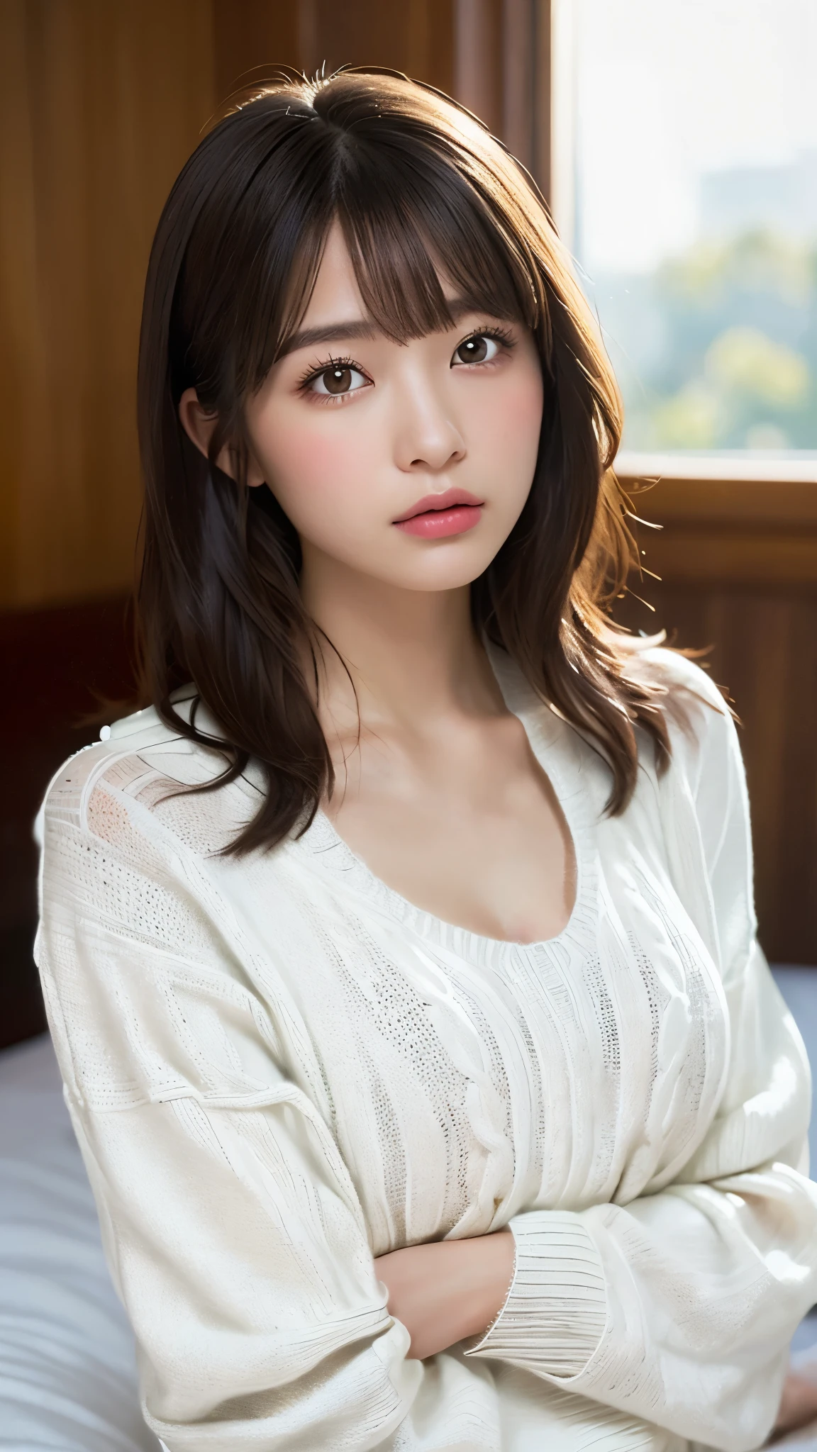 ((Wearing a white virgin-killing sweater:1.5))、A beautiful and attractive 25-year-old Japanese woman, Perfect proportions, Big Breasts, valley,  ((Brown eyes, Beautiful eyelashes, Realistic eyes)), ((Detailed face, Blushing:1.2)),Long black hair, Lying in bed、Official Art，Highly detailed CG Unity 8k wallpaper, (masterpiece:1.0),(highest quality:1.0), photo shoot, 8k, Browsing Caution, High resolution, Kodak Portrait 400, Film Grain, Lens flare brilliance,View Audience