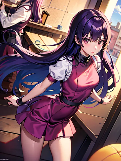 Chica anime con pelo largo morado y vestido rojo, misato katsuragi, estilo de arte anime moe, marin kitagawa fan art, obra de ar...