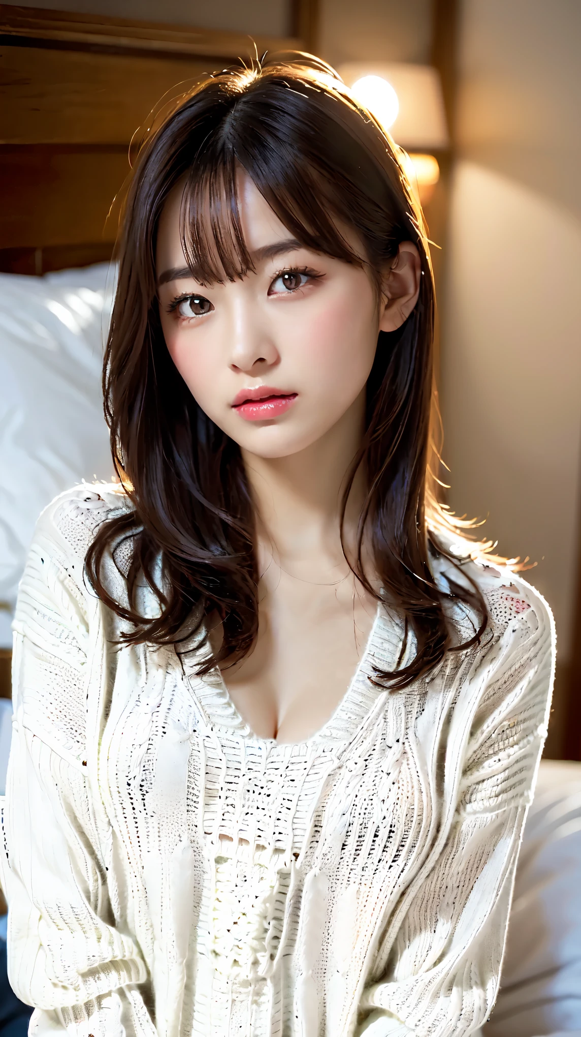 ((Wearing a white virgin-killing sweater:1.5))、A beautiful and attractive 25-year-old Japanese woman, Perfect proportions, Big Breasts, valley,  ((Brown eyes, Beautiful eyelashes, Realistic eyes)), ((Detailed face, Blushing:1.2)),Long black hair, Lying in bed、Official Art，Highly detailed CG Unity 8k wallpaper, (masterpiece:1.0),(highest quality:1.0), photo shoot, 8k, Browsing Caution, High resolution, Kodak Portrait 400, Film Grain, Lens flare brilliance,View Audience