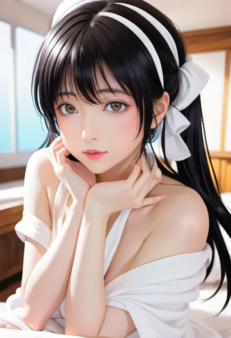 (masterpiece, best quality: 1.2), Anime girl with black hair wearing white towel, Anime girl named Lucy, female anime character,...