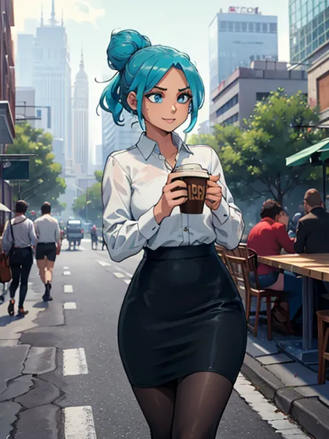 high_aesthetic, art_by_Kipteitei, 1girl, aqua blue hair, hair up, blue eyes, black pencil skirt, dress shirt, black tights, happ...