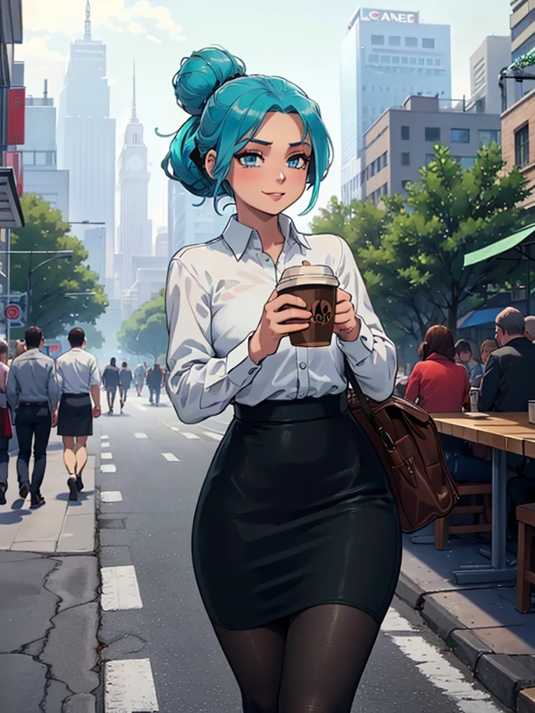 high_aesthetic, art_by_Kipteitei, 1girl, aqua blue hair, hair up, blue eyes, black pencil skirt, dress shirt, black tights, happy expression, tight clothes, (((skinny))), ((holding coffee)), walking with confidence, city background with lots of trees and buildings, (cowboy shot), (best quality, masterpiece)
