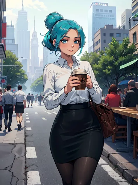 high_aesthetic, art_by_kipteitei, 1girl, aqua blue hair, hair up, blue eyes, black pencil skirt, dress shirt, black tights, happ...