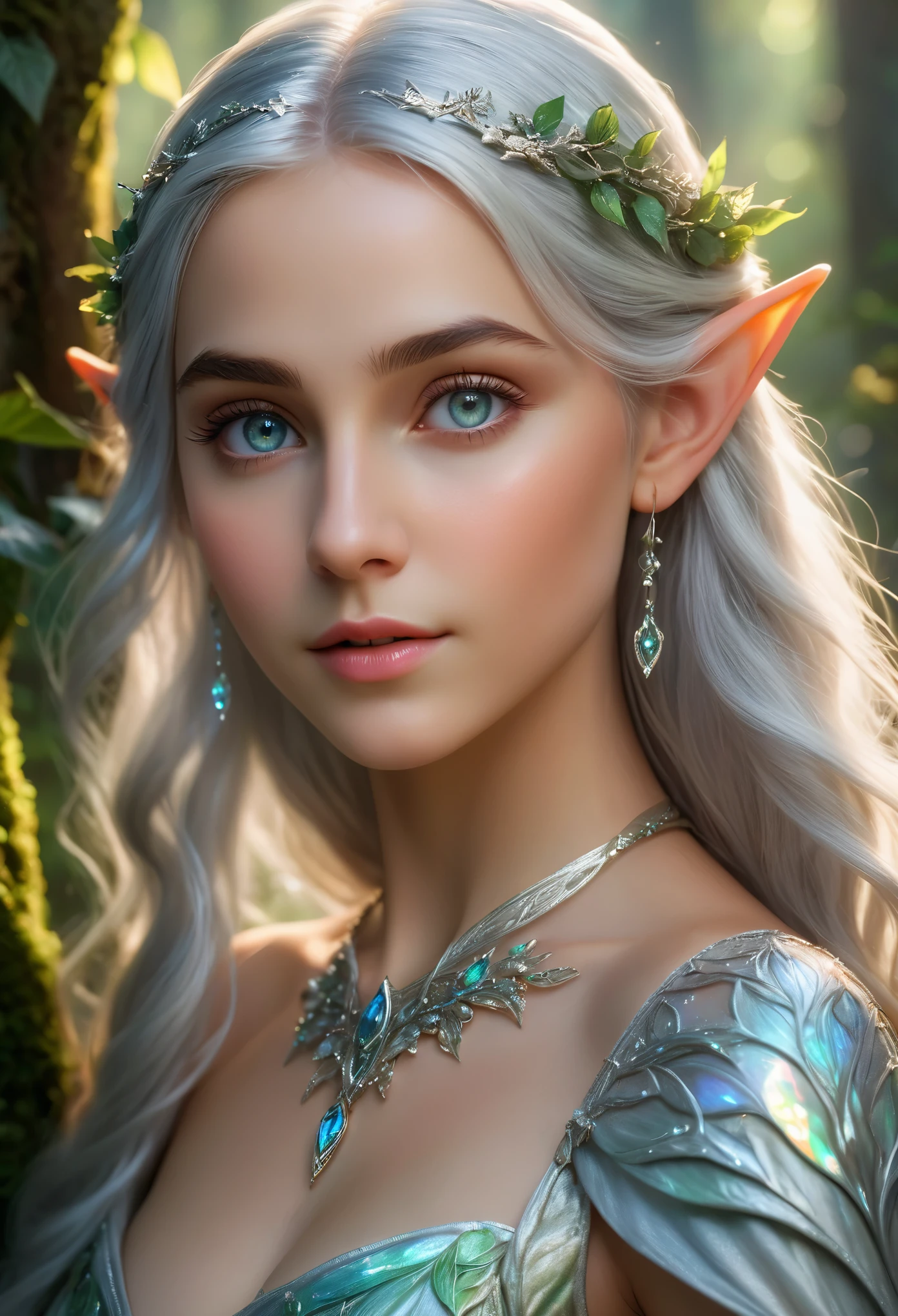 (best quality,4k,8k,highres,masterpiece:1.2),ultra-detailed,(realistic,photorealistic,photo-realistic:1.37),fantasy, elf, beautiful girl,14 years old, close-up of face, silver hair, iridescent eyes, detailed features, ethereal atmosphere, soft lighting, enchanted forest, flowing gown, graceful stance, vibrant colors