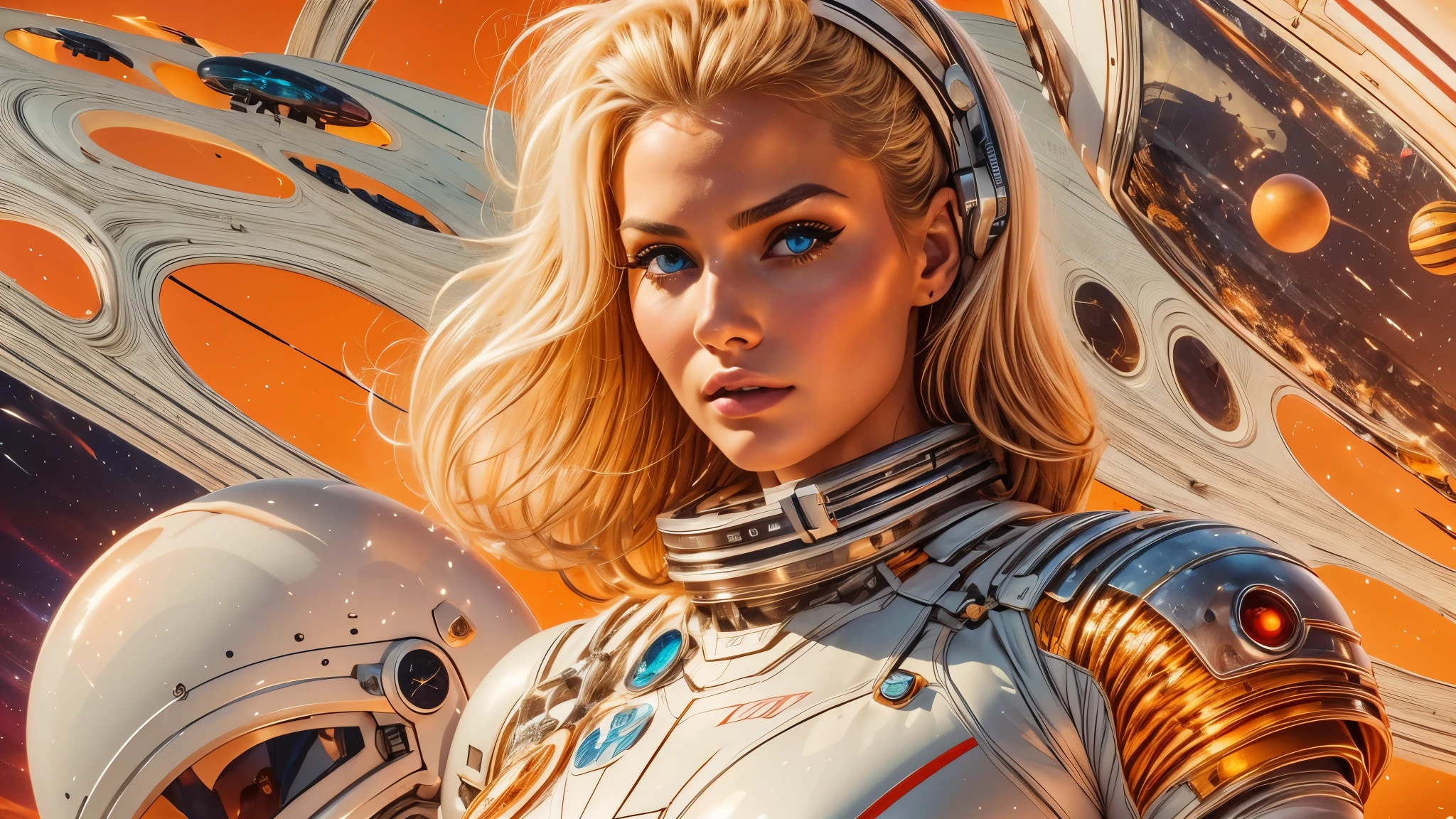 arafed image of a white woman in a futuristic suit with a spaceship in the background, movie art, in front of an orange background, inspired by Robert McGinnis, female protagonist, megastructure in the background, portrait of an ai astronaut, astronauts, an astronaut, portrait of a astronaut skeletor, perfect android girl, detailed eyes, perfectly detailed teeth, frank franzzeta and sakimichan  