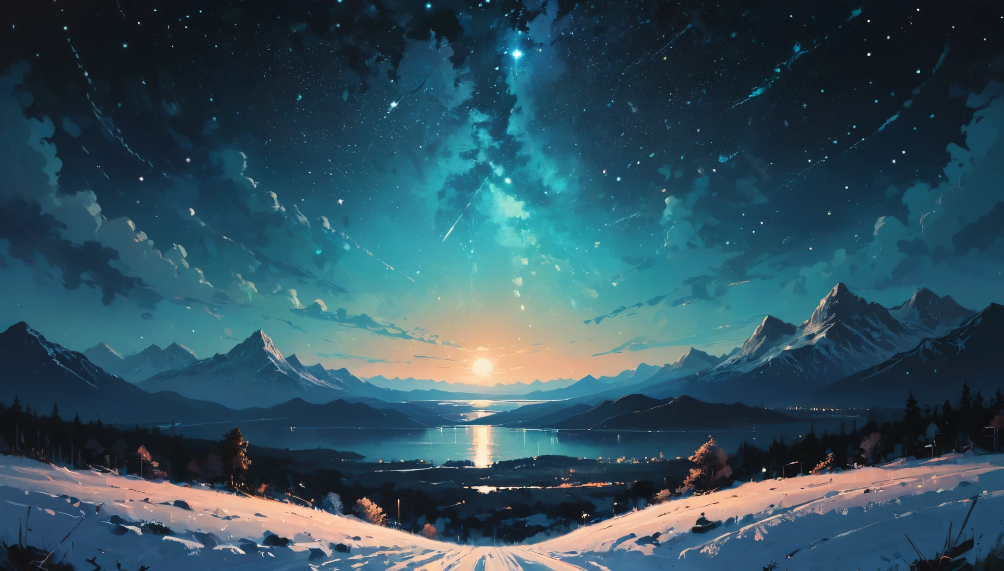 The View Outside,night, stars, by Alena Aenami, (masterpiece, best quality, perfect composition, very aesthetic, absurdres, ultra-detailed, intricate details, Professional, official art, Representative work:1.3)