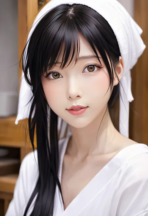 (masterpiece, best quality: 1.2), Anime girl with black hair wearing white towel,Delicateeyes,  Anime girl named Lucy, female an...