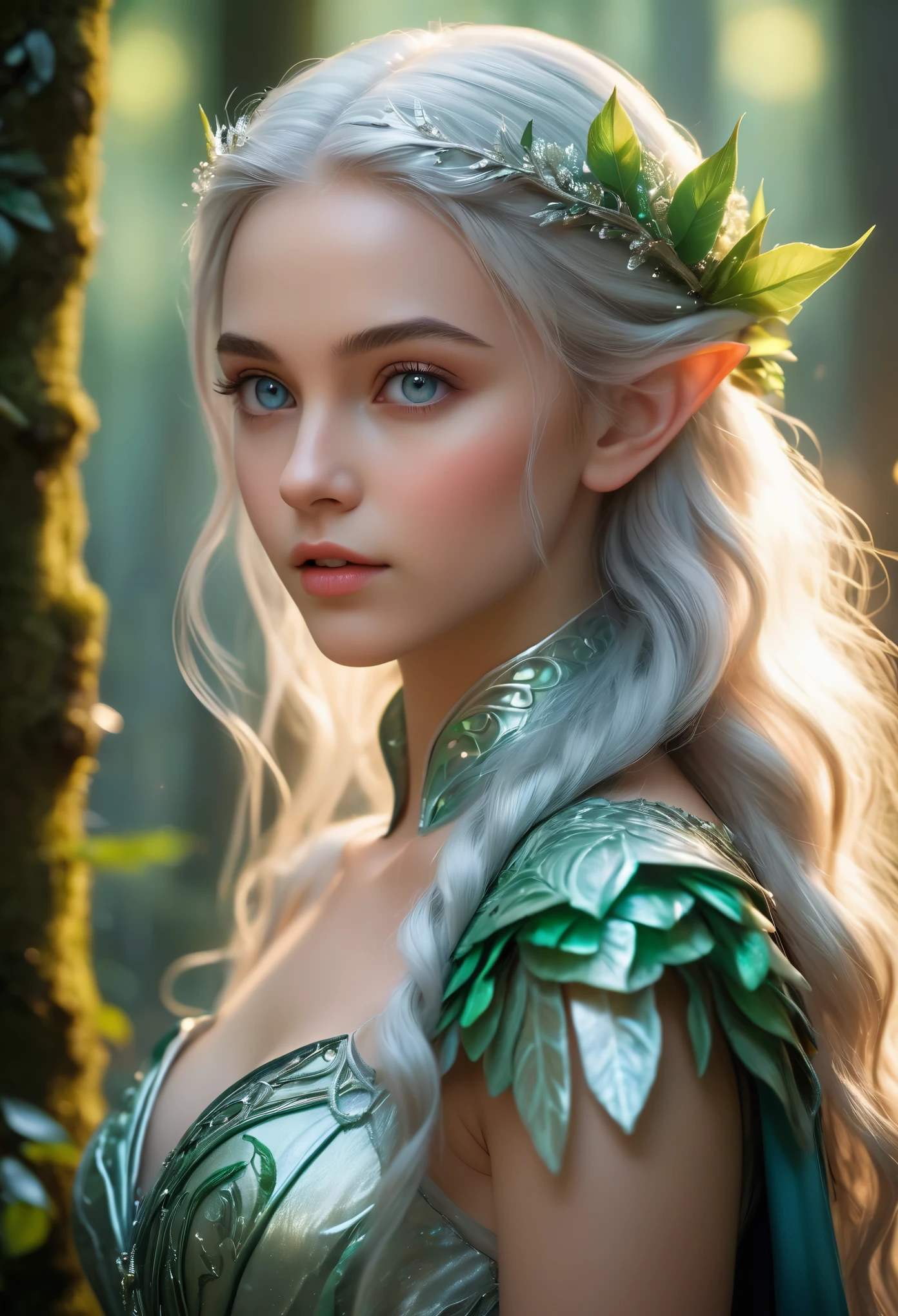 (best quality,4k,8k,highres,masterpiece:1.2),ultra-detailed,(realistic,photorealistic,photo-realistic:1.37),fantasy, elf, beautiful girl,14 years old, close-up of face, silver hair, (iridescent slit eyes:1.4), detailed features, ethereal atmosphere, soft lighting, enchanted forest, flowing gown, graceful stance, vibrant colors, (NSFW:1.3)