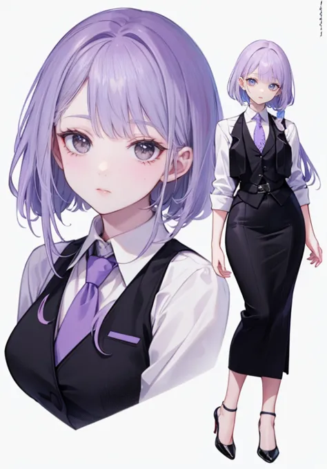 ((perfect face)),purple hair,semi-long hair,1 female,bartender,,black vest,tie,high heels,,((simple light color background)),((s...