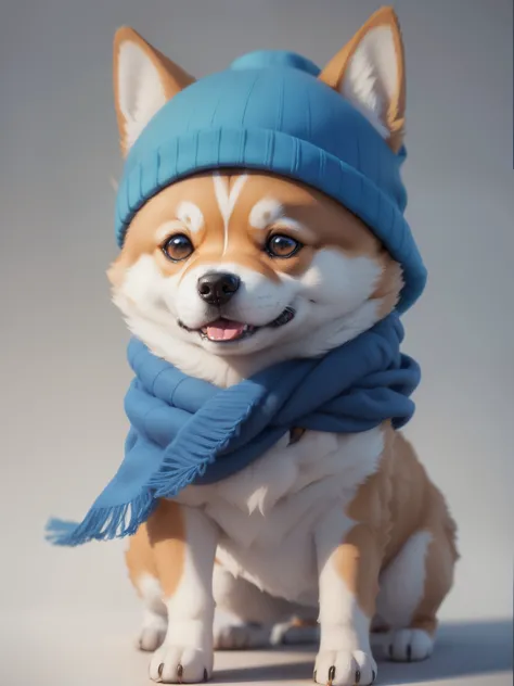 Da ist ein Hund, wearing a blue hat and scarf, adorable digital painting, anthropomorpher Shiba Inu, cute detailed digital art, ...