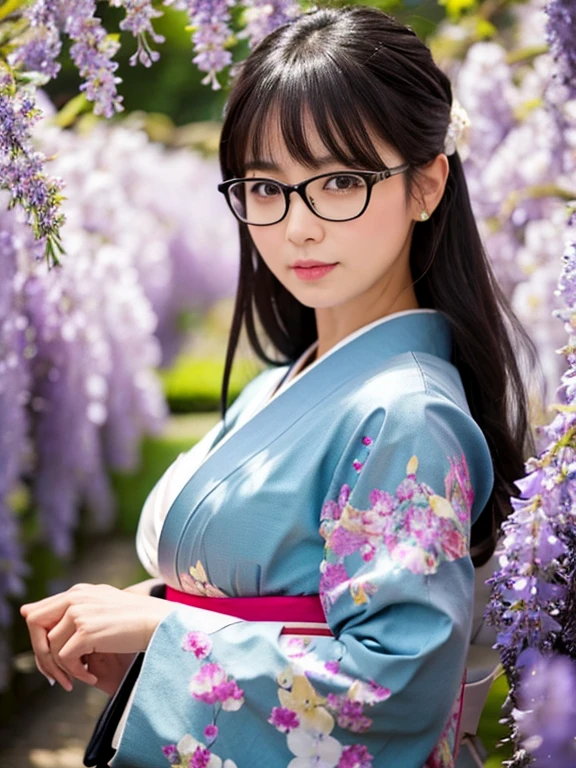 4k、la plus haute qualité、haute résolution、Photoréaliste、Ses magnifiques cheveux noirs sont soigneusement attachés、Une belle femme japonaise réaliste de 35 ans、beaux yeux détaillés, Visage détaillé, belle peau, en regardant la caméra、Un parc avec des glycines en fleurs pendant la journée, Elle porte un magnifique et élégant kimono., Très gros seins,  Porte toujours des lunettes, portrait complet du corps