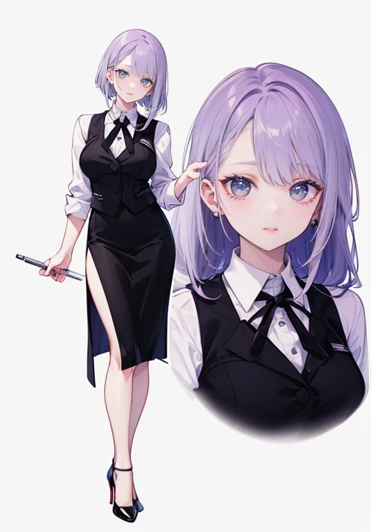 ((Perfect Face)),Purple Hair,Semi-long hair,1 female,bartender,,Black vest,tie,High heels,,((Simple light color background)),((smile)),((whole body)),((whole body)),Portraiture,virtual,upright,