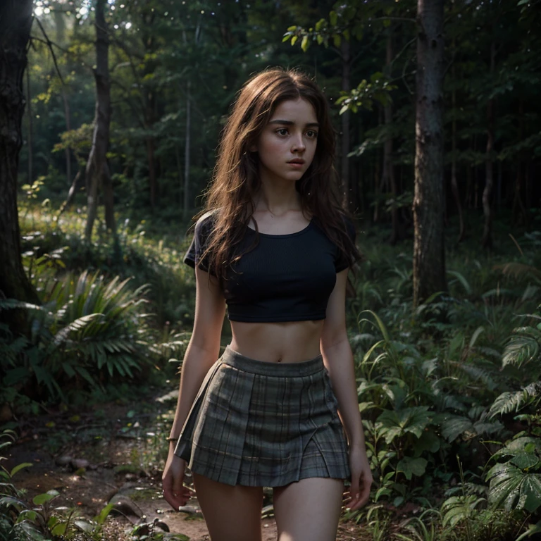 Realistic photography, high quality, Twenty-year-old Hermione Granger collects frogs in a forest clearing near Hogwarts, she is wearing a short skirt and a tight top, thin waist, Moonlight night, thin hips, (unicorn in the distance: 1.1), strong wind, magic light