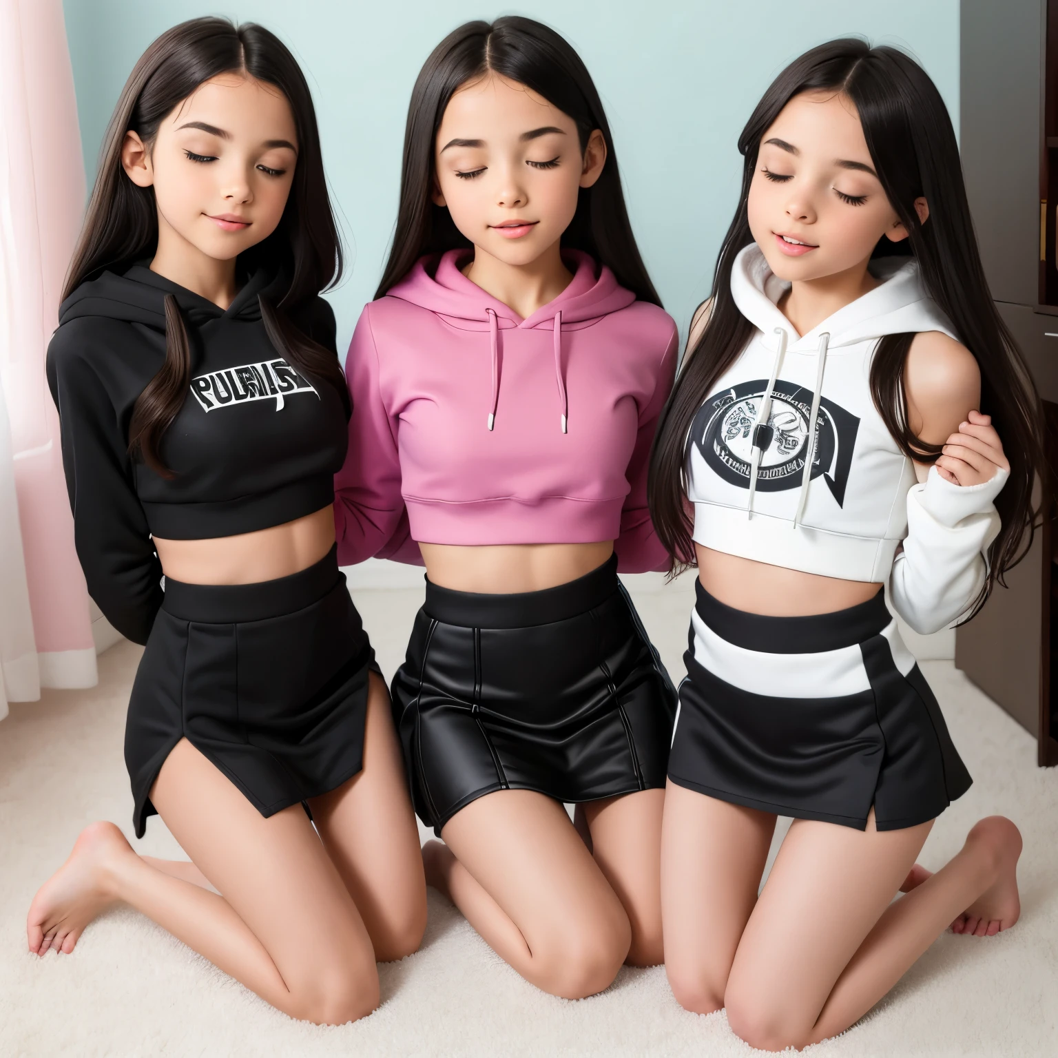 Three young women sitting on the floor in matching outfits - SeaArt AI