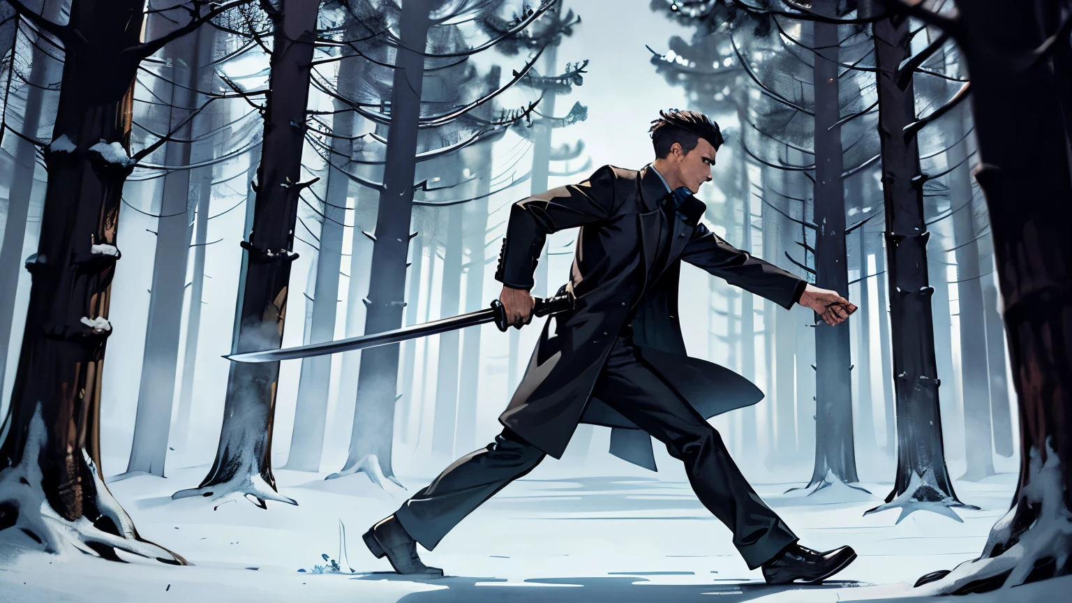 a man in a black overcoat holding a sword, running, in a dense forest, side view