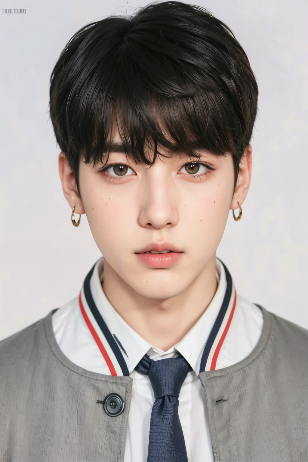 a close-up of a person wearing a tie and jacket, Jungkook, cai xukun, foto oficial, Yanjun Chengt, foto oficials, Arte Oficial, olhar inocente, kpop idol portrait, inspirado em Kun Can, Jinyoung Shin, hyung tae, Kim Doyoung, foto oficial do governo, Yoongi de cabelo preto, foto de perfil com foto na cabeça referencia de rosto jeon Jungkook BTS BANGTAN BOYS.