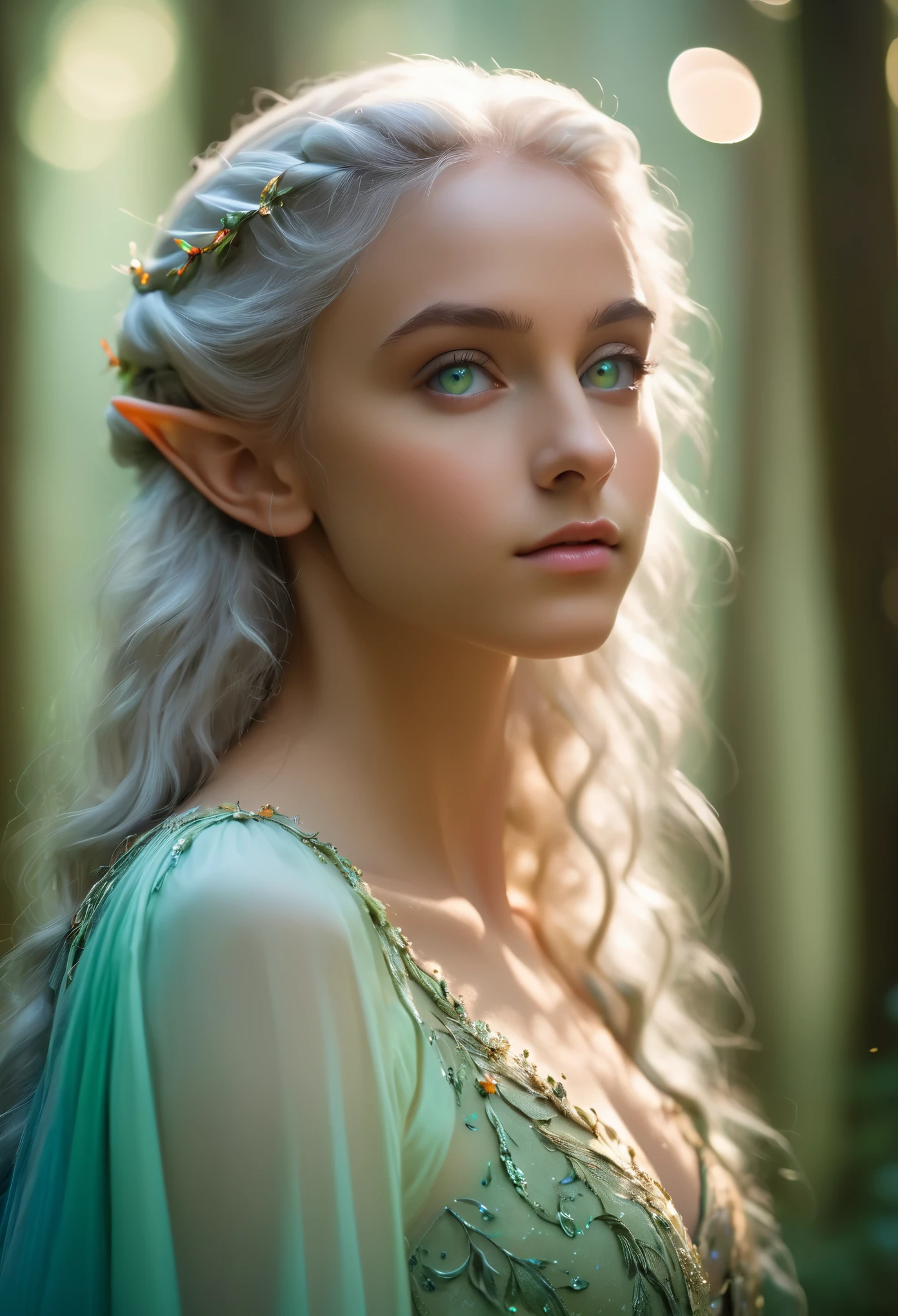 (best quality,4k,8k,highres,masterpiece:1.2),ultra-detailed,(realistic,photorealistic,photo-realistic:1.37),fantasy, (elf:1.5), the most beautiful girl,14 years old, close-up of face, silver hair, (iridescent slit eyes:1.4), detailed features, ethereal atmosphere, soft lighting, enchanted forest, flowing gown, graceful stance, vibrant colors, (NSFW:1.3), nipples