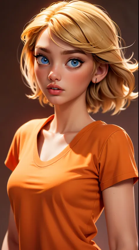 edgnd_woman, blonde hair, very short hair, orange tshirt, perfect hands, photo, realistic, hypernaturally, expressive eyes, dime...