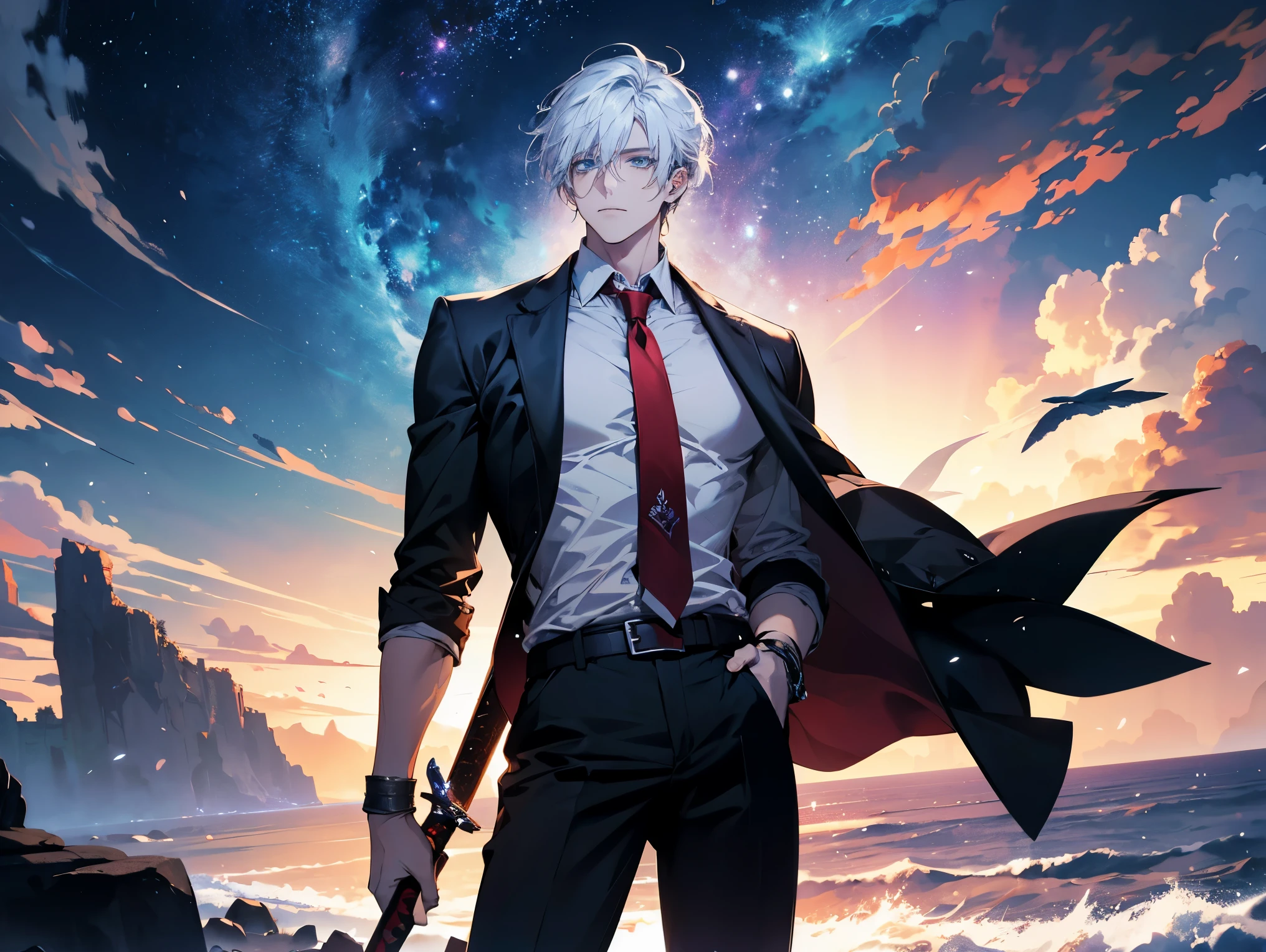 1 male,, 26 year old, masculine, short white hair, Attractive, red tie, White shirt, Rolled up sleeves, Black belt, Black pants, eyes of ocean color, Beautiful blue eyes、beautiful hair、no expression, holding a sky blue sword, black hilt, Trending on ArtStation, 8K resolution, Highly detailed, Anatomically correct, Sharp Image, Digital Painting, Concept art, of the highest quality、galaxy forest background, flying pages