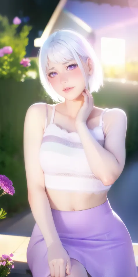 realistic, 1girl, white hair, purple eyes, glowing eyes, crop top, skirt, parted lips, blush, night, flowers, sun, sunlight,