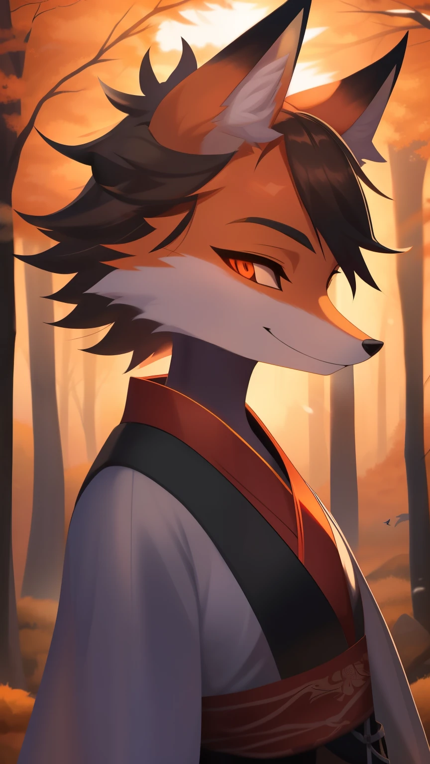 Best quality, super detailed illustration, warm colors, Ideal lighting, (Fluffy fox boy:1.4), white and black colors, feminine face and body, disheveled thick fur, samurai clothing, Japanese atmosphere ,at an outpost in the middle of the forest, smug smile, half-closed eyes , Femboy,  slim, perfect body, DND style, Demonic presence, evil spirit