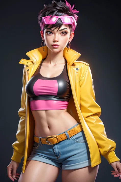 A woman in a yellow raincoat and pink eyewear on head, yellow leather jacket,  punk black hair (very short on the sides), solo, ...