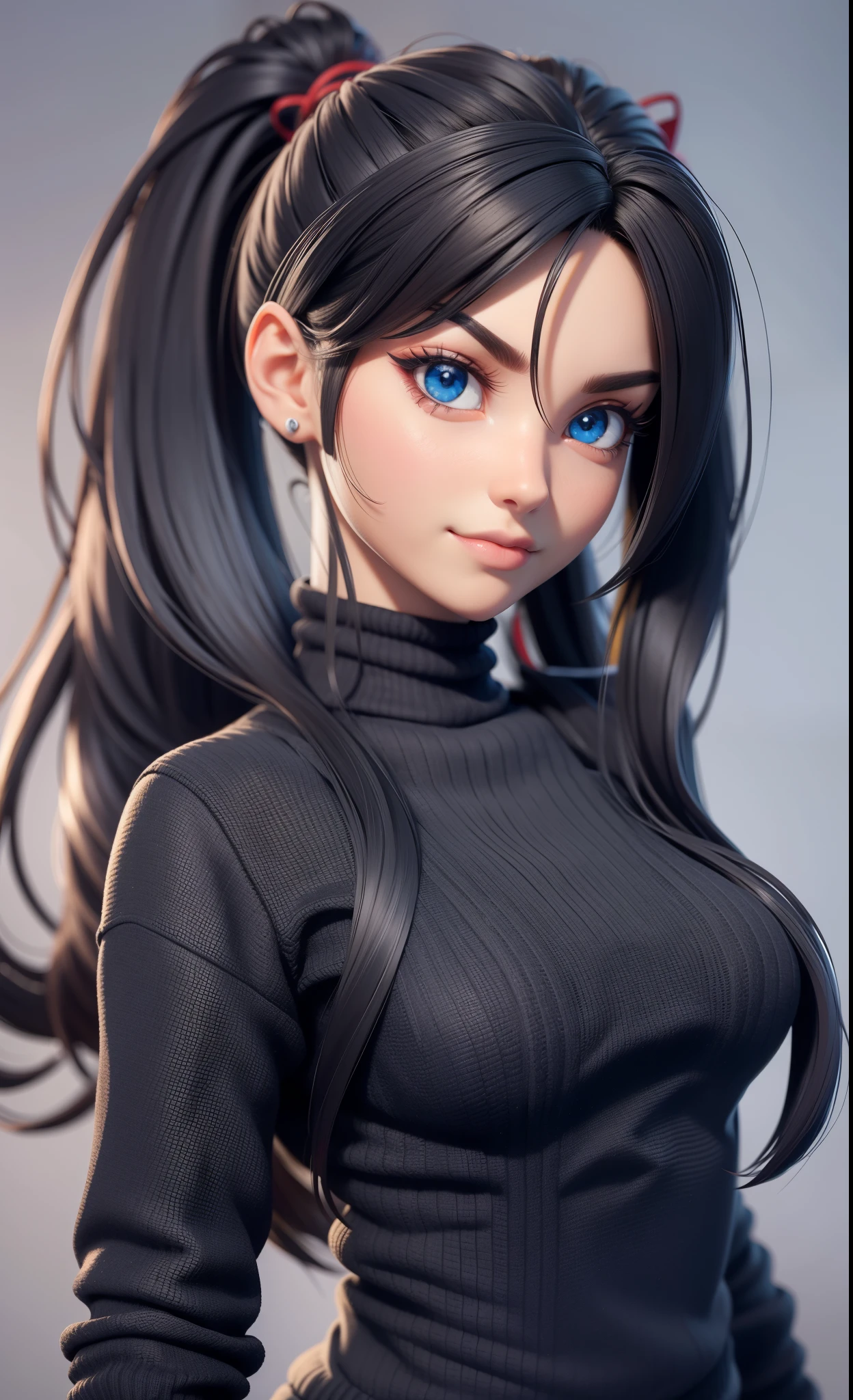 1;fille Tohsaka Rin,cheveux longs et noirs , pull-over rouge , Souriant, en regardant le spectateur sur fond bleu, cheveux noirs simples en bas deux côtés vers le haut ,gorge haute ,yeux bleus, lèvres fermées bouche,ruban de cheveux à franges ,pull gola alta,haut du corps , bande distribuée ,Ruban noir ,Pull côtelé Twintail, Nariz parfait,peau très détaillée,(((obra-Prima 3d)))