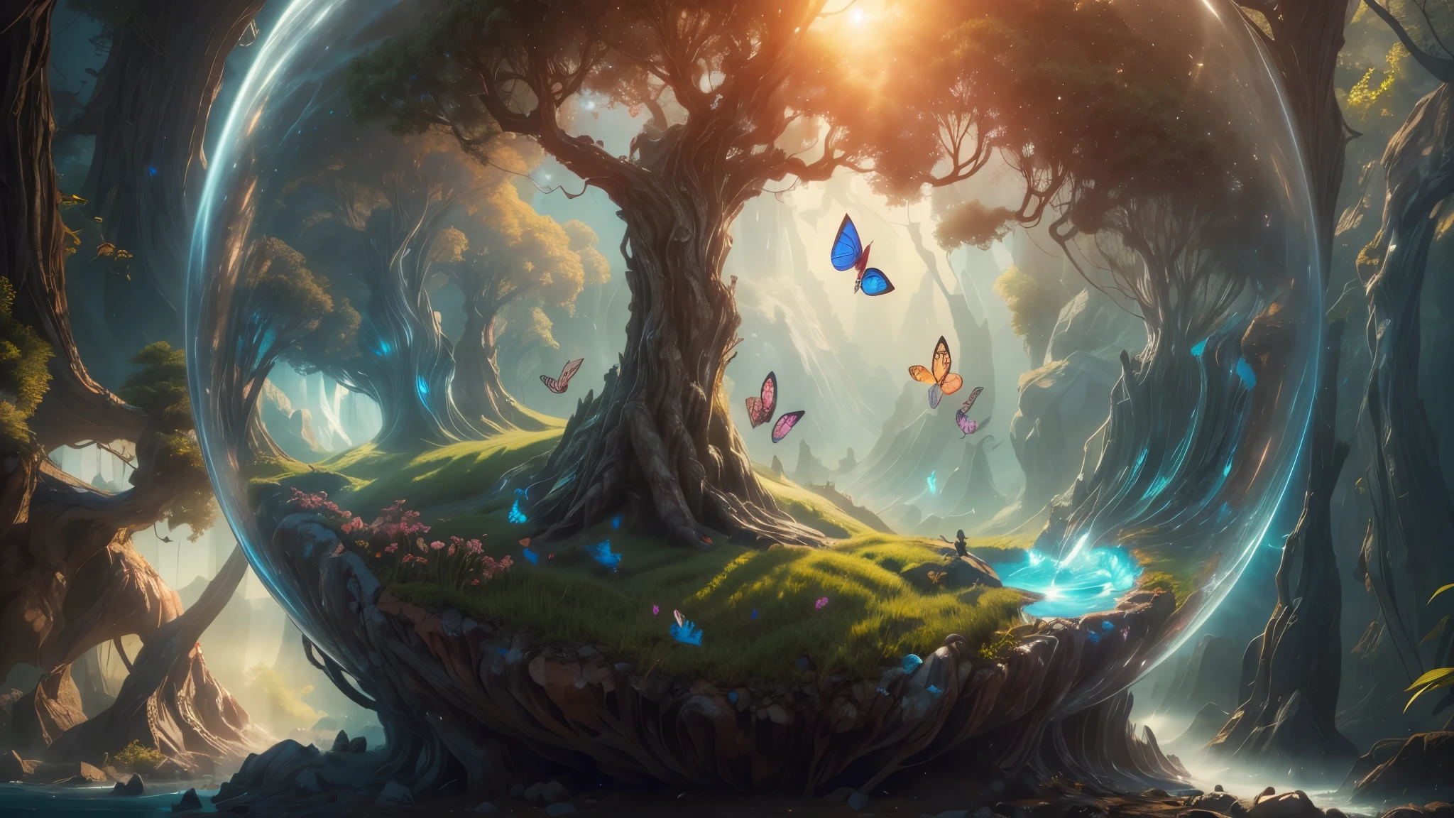 (masterpiece),(best quality:1.0), (ultra highres,), detailed, a glass ball with a tree inside of it, digital art, cg society contest winner, butterflies and sunrays, concept art design illustration, beautiful digital illustration, closed ecosystem