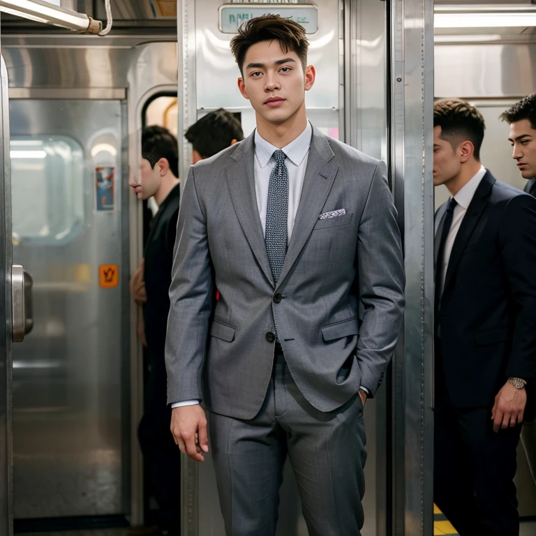 man in the subway，Standing in a subway car，Ultra-flat head，Wearing a suit，huge bulge, leg apart，musculous，Handsome， pervert smirk，exhilarated，full bodyesbian，Exposing thighs， In crowded subway cars， 16k resolution , ultra-high clarity , hyperrealism , ultra hd picture , uhd , details face , details , handsome man , high quality   , nsfw , sexy , bare thighs
