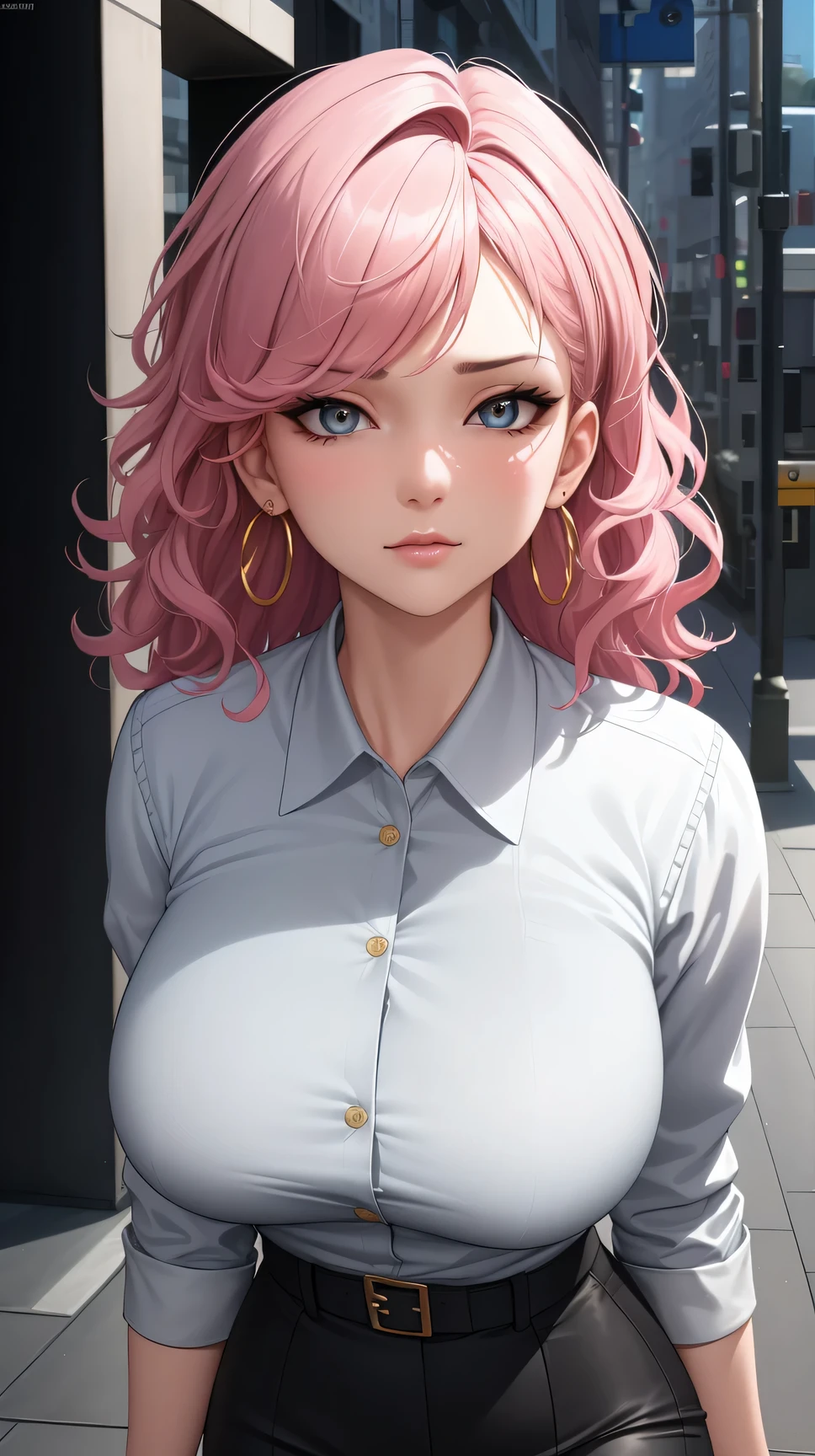 (best quality:1.5, highres, UHD, 4K, detailed lighting, shaders), (high quality eyes), ( perfect fingers),  curly floral haired, gradient hair, large breasts, suit, gray shirt, social shirt, short skirt, mature woman , (pov), white background, colorful eyeshadow, dramatic lighting, sparkling eyes, sensual expression, golden earrings, delicate facial features, soft skin, high cheekbones, urban setting, white background, dont look for the camera, lean forward,  behind  the camera, full body