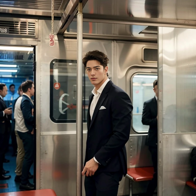 man in the subway，Standing in a subway car，Ultra-flat head，Wearing a suit，huge bulge, leg apart，musculous，Handsome， pervert smirk，exhilarated，full bodyesbian，Exposing thighs， In crowded subway cars， 16k resolution , ultra-high clarity , hyperrealism , ultra hd picture , uhd , details face , details , handsome man , high quality   , nsfw , sexy , bare thighs , sexy , eroticism, bottomless 
