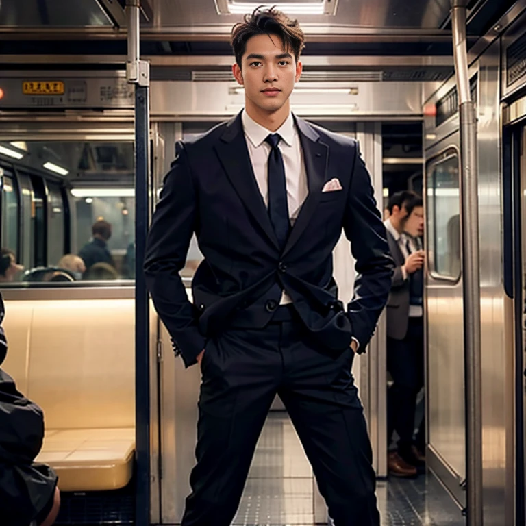 Mann in der U-Bahn，Stehend in einem U-Bahnwagen，Ultraflacher Kopf，einen Anzug tragen，riesige Beule, Beine auseinander，muskulös，gutaussehend， pervert smirk，beschwingt，Ganzkörperesbian，entblößende Oberschenkel， In überfüllten U-Bahn-Waggons， 16k Auflösung , ultrahohe Klarheit , Hyperrealismus , Ultra-HD-Bild , uhd , Einzelheiten face , Einzelheiten , schöner Mann , gute Qualität   , Nicht für die Arbeit geeignet , sexy , nackte Oberschenkel , sexy , Erotik, bodenlos 
