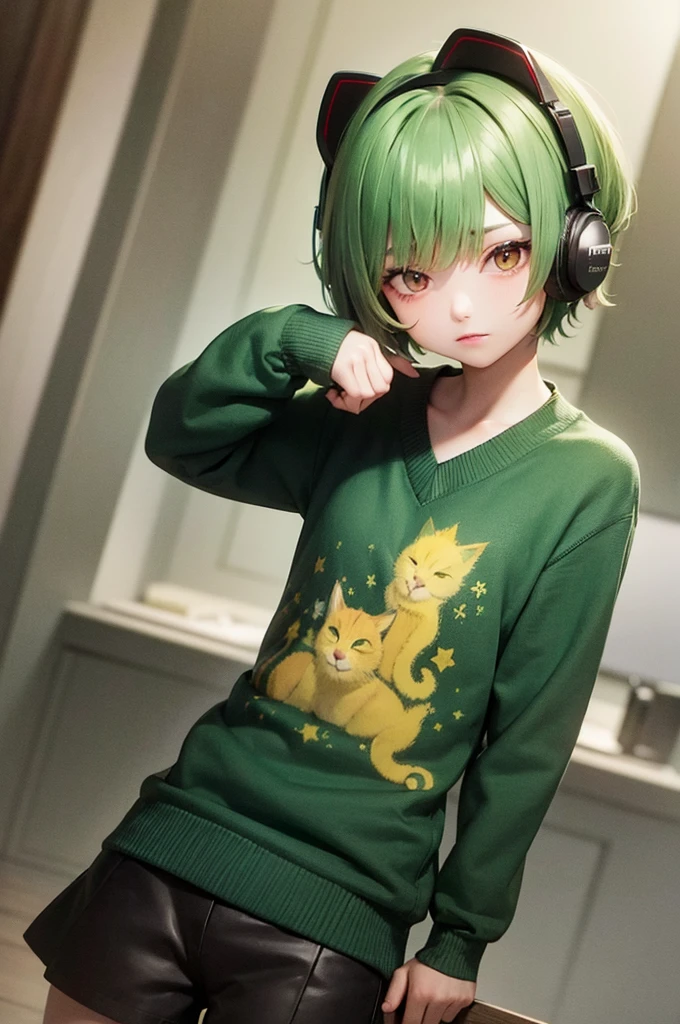 Green Hair　Short Hair　Red Eyes　juvenile　12 years old　Yellow-green sweater　Yellow-green cat ear headphones