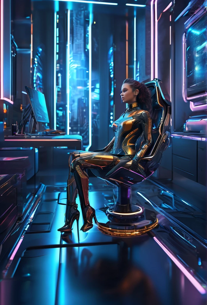 (high quality, ultra-detailed, photorealistic)(office interior, skyscraper:1.2,big city) A female cyborg sitting leisurely in a luxurious chair, with her feet up, interacting with the futuristic environment around her. She exudes elegance and sophistication. The chair features exquisite design and intricate parts showcasing fine craftsmanship. The cyborg's body is half-human and half-machine, with meticulously detailed trimmings accentuating her slender form. The office is magnificently designed with sleek and modern architecture. The scene is bathed in HDR lighting with vibrant and vivid colors, creating a breathtaking visual appeal. The cyborg's body is rendered with hyper-realistic detail, including natural skin textures and soft lighting to enhance the atmosphere. This artwork captures the fusion of technology, beauty, and complexity, resulting in a masterpiece that immerses the viewer in a futuristic yet familiar world.