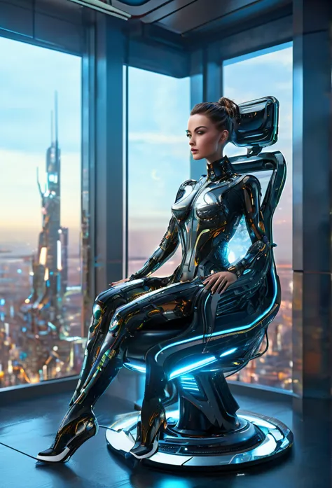 (high quality, ultra-detailed, photorealistic)(office interior, skyscraper:1.2,big city) a female cyborg sitting leisurely in a ...