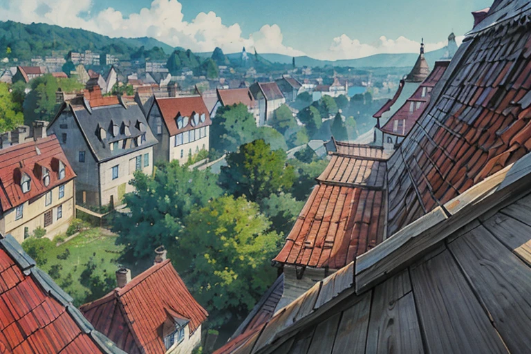 big slavic ((ghibli)) fantasy city, thatched roofs, early medieval, hilly city, tightly packed houses, narrow passages, tight spaces, clustered settlement